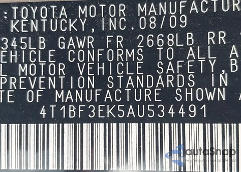 2010 Toyota Camry Le z USA, uszkodzony, nr VIN 4T1BF3EK5AU534491